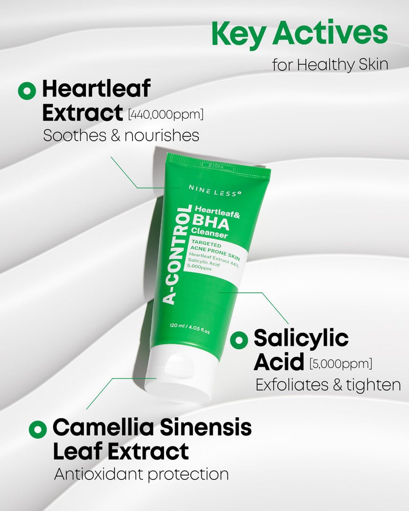 NINELESS A-Control Heartleaf & BHA Cleanser – Korean Exfoliating Face Wash with Salicylic Acid for Clear Skin – Blackhead Remover, Deep Pore Cleansing, 4.05oz. - Image 3
